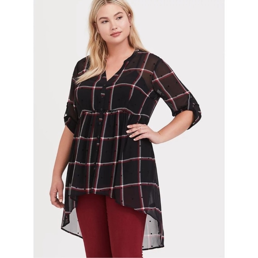 Torrid Lexie Chiffon Babydoll Hi-Lo Tunic - Black Plaid w / Polka Dots - 0X NWOT
